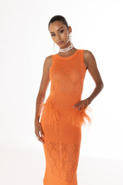 andreeva orange knit dress with feathers