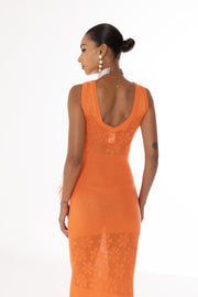 andreeva orange knit dress with feathers