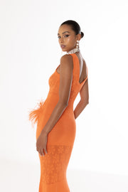 andreeva orange knit dress with feathers