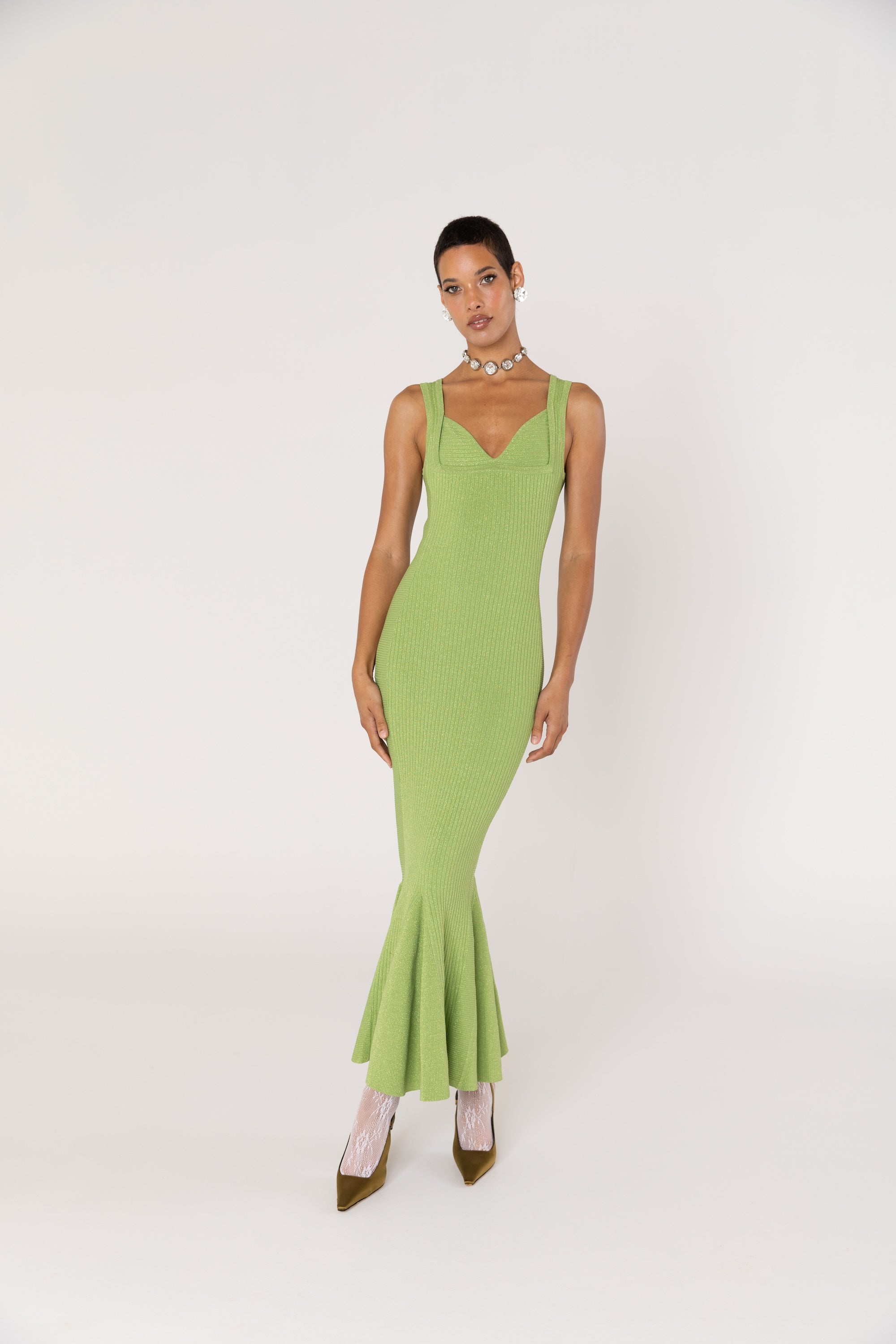 andreeva womens green metallic maxi knit dress