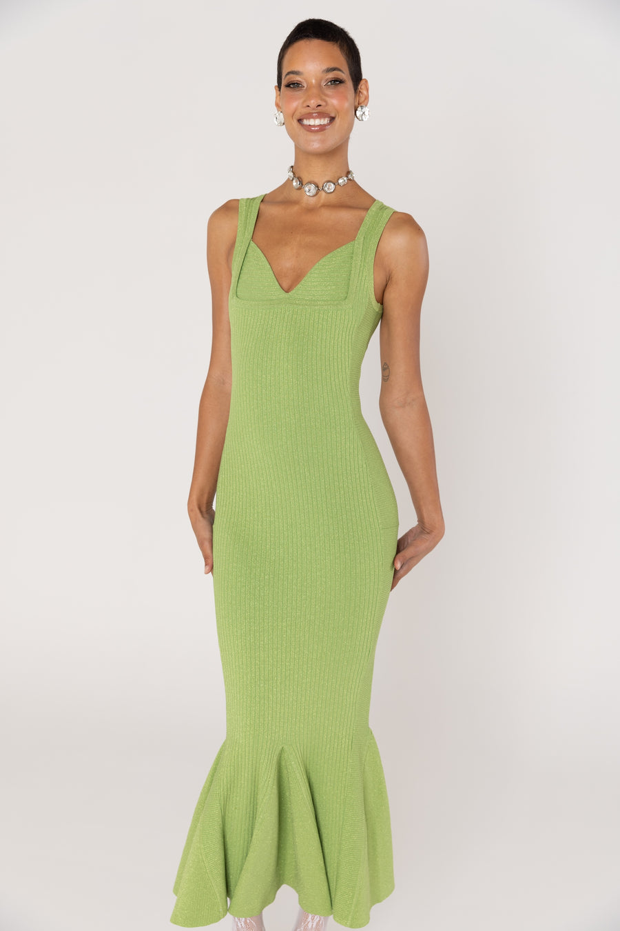andreeva womens green metallic maxi knit dress