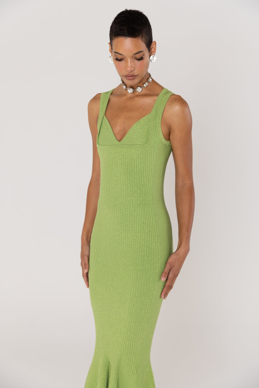 andreeva womens green metallic maxi knit dress