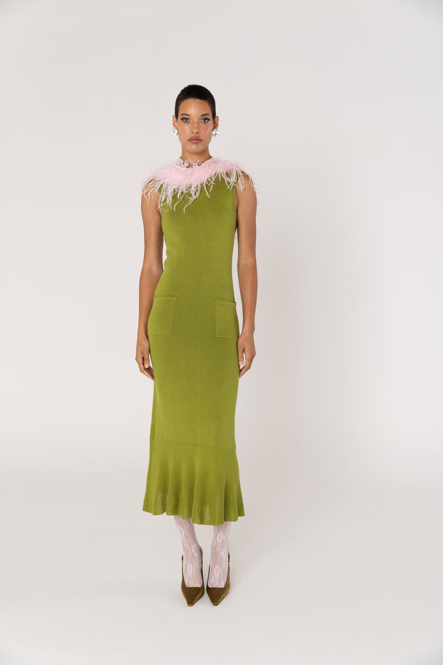 andreeva women's green knit dress with feathers 