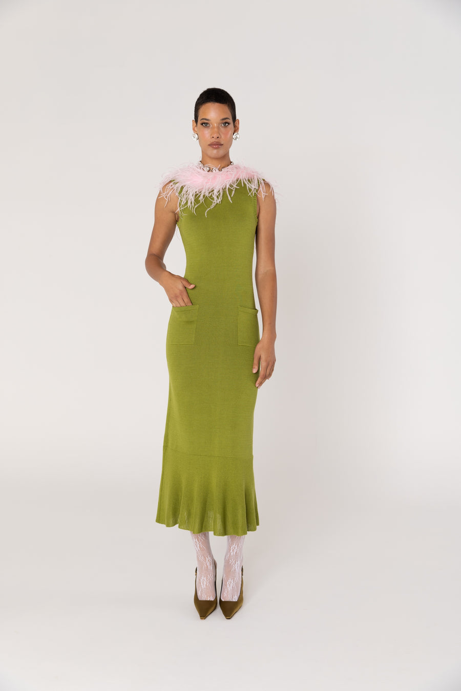 andreeva women's green knit dress with feathers 
