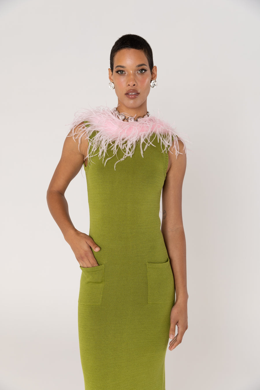 andreeva women's green knit dress with feathers 