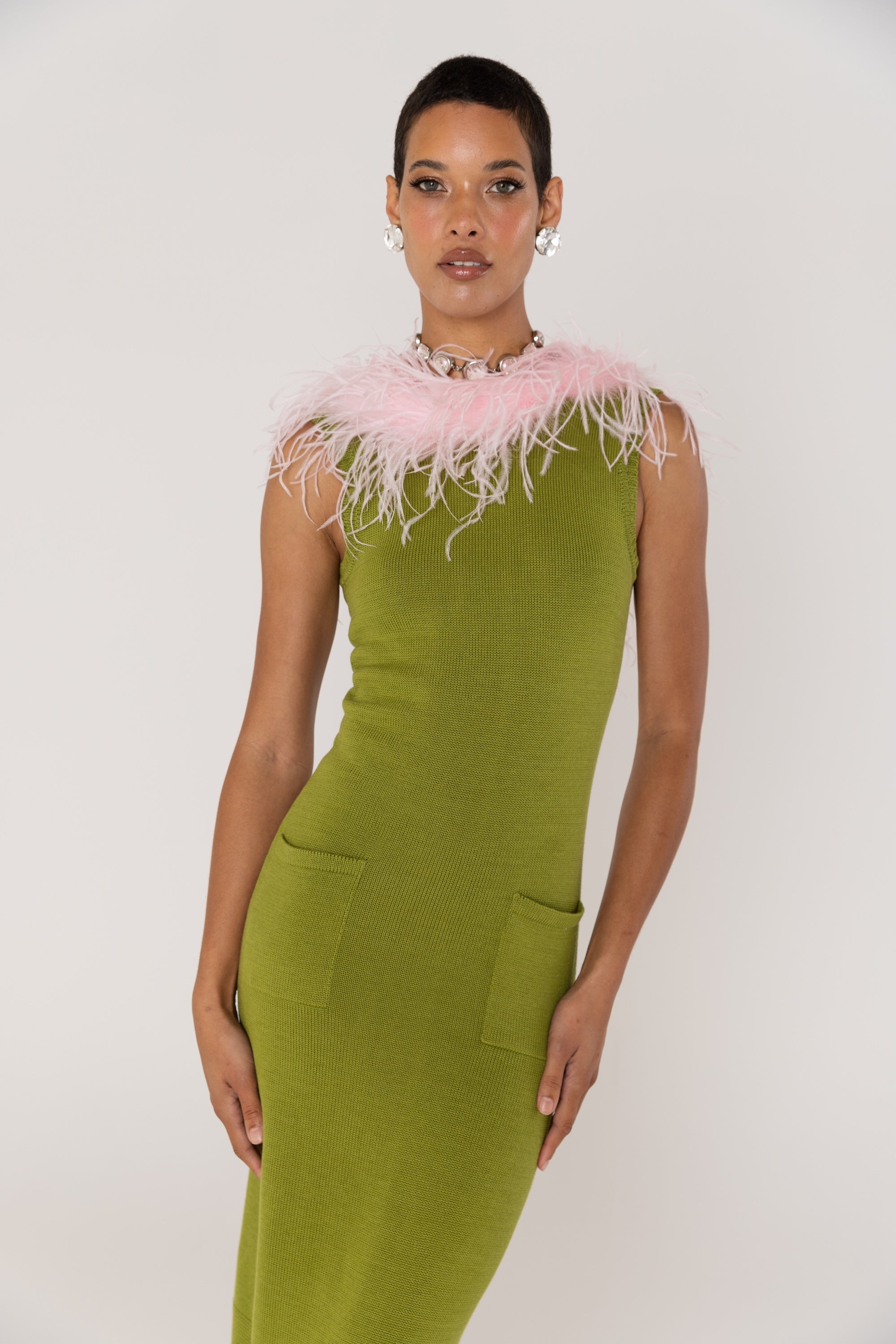 andreeva women's green knit dress with feathers 