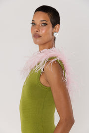 andreeva women's green knit dress with feathers 