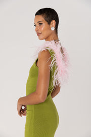 andreeva women's green knit dress with feathers 