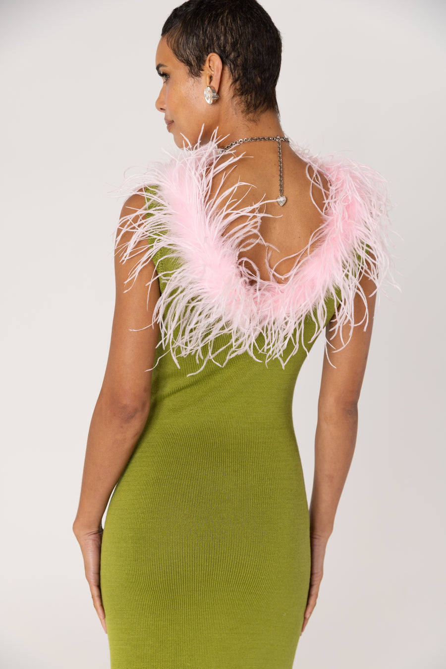 andreeva women's green knit dress with feathers 