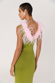 andreeva women's green knit dress with feathers 