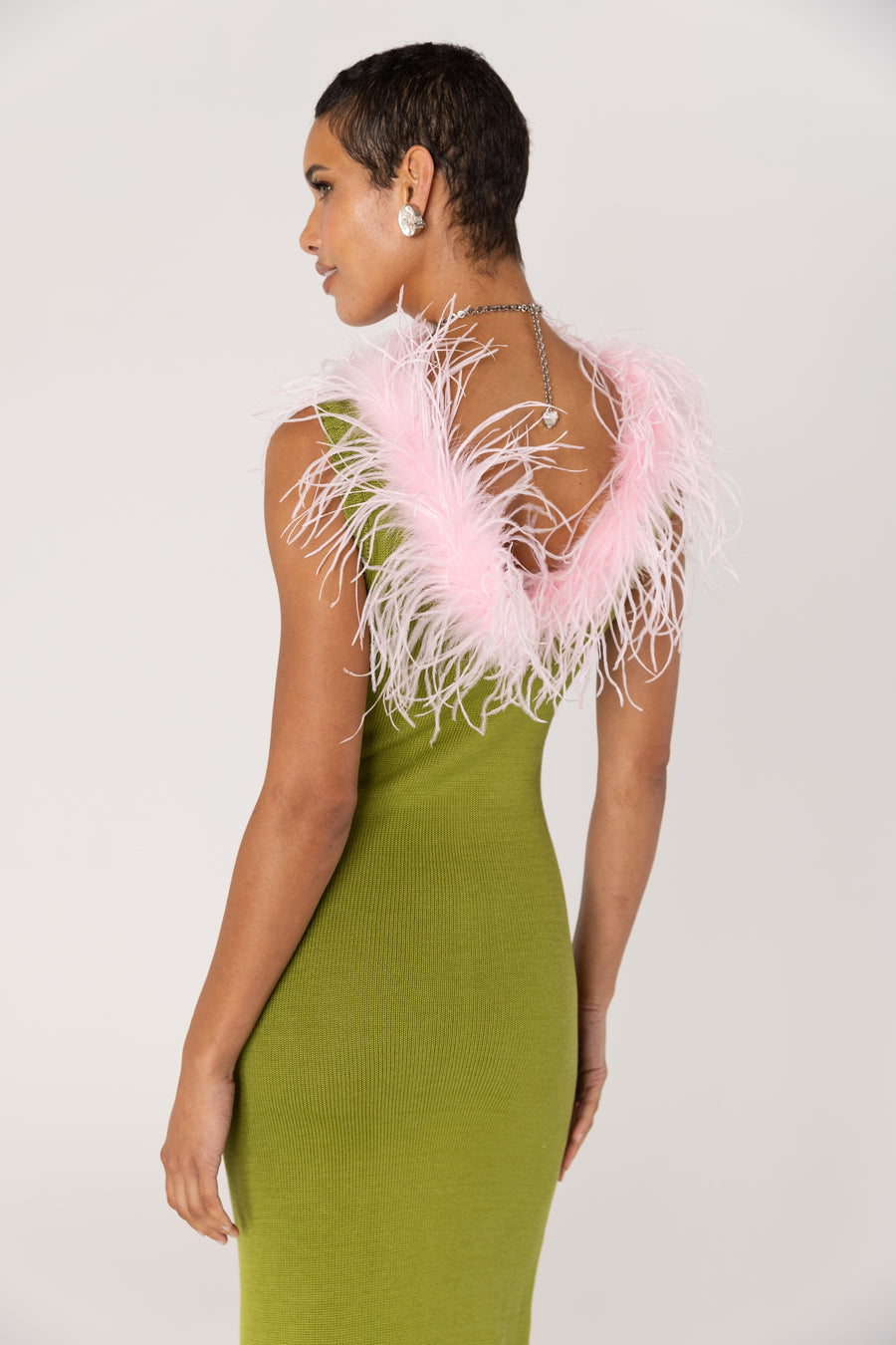andreeva women's green knit dress with feathers 