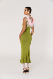 andreeva women's green knit dress with feathers 