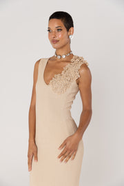 Chrysanthemum Beige Metallic Knit Dress With Handmade Emroidery