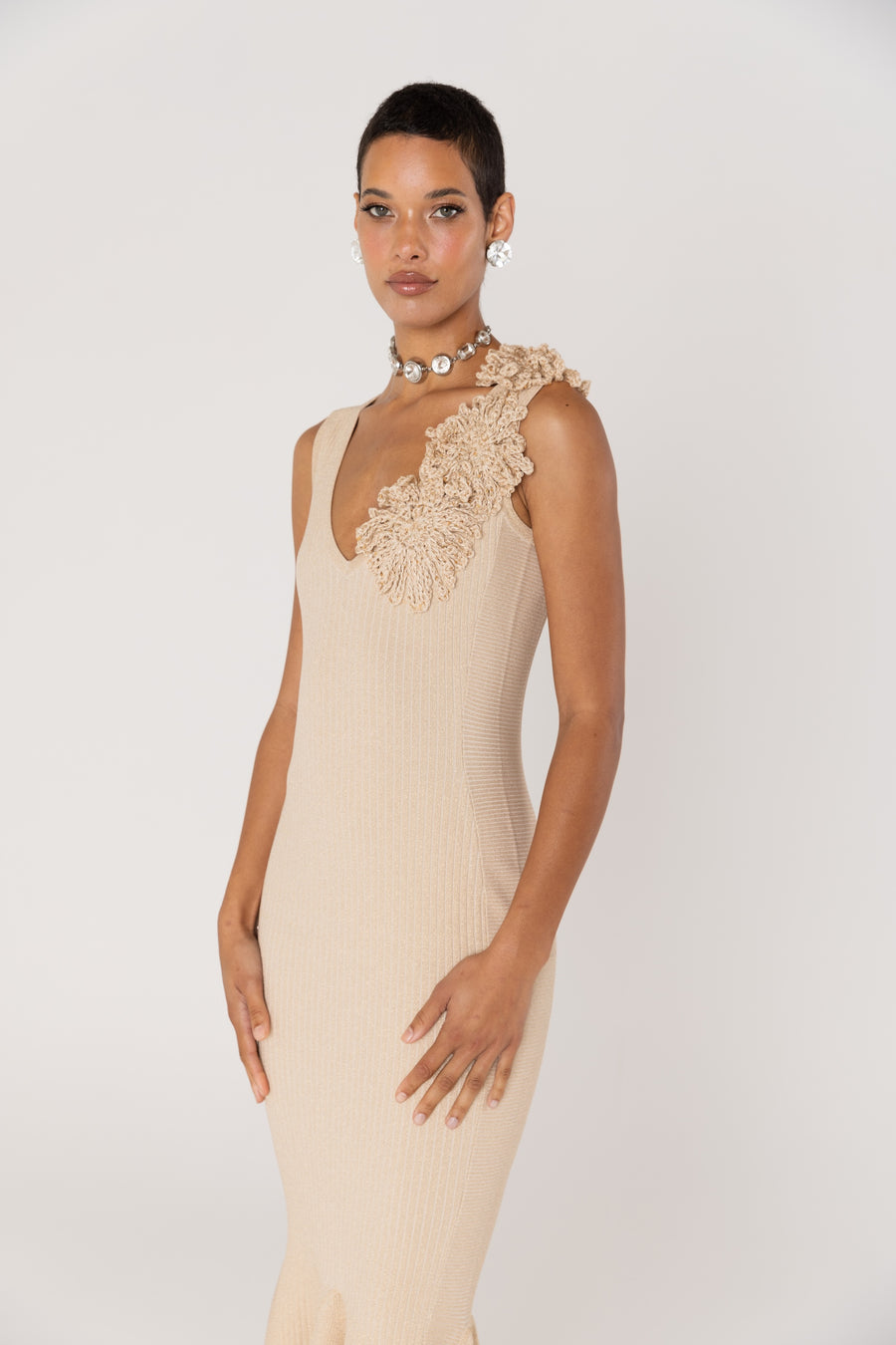 Chrysanthemum Beige Metallic Knit Dress With Handmade Emroidery