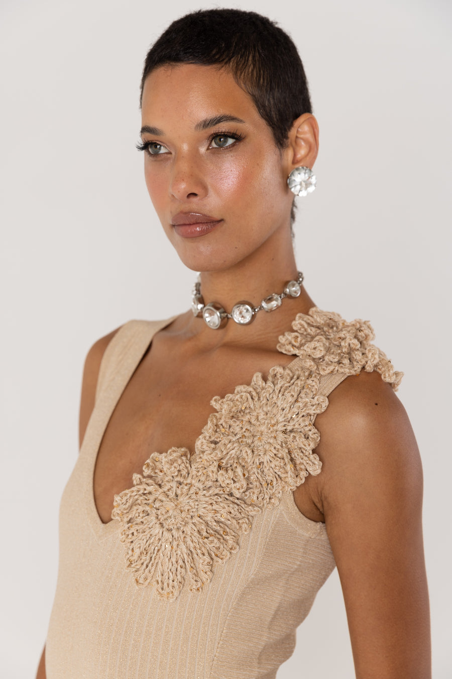 Chrysanthemum Beige Metallic Knit Dress With Handmade Emroidery