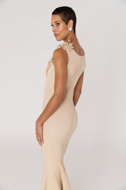 Chrysanthemum Beige Metallic Knit Dress With Handmade Emroidery