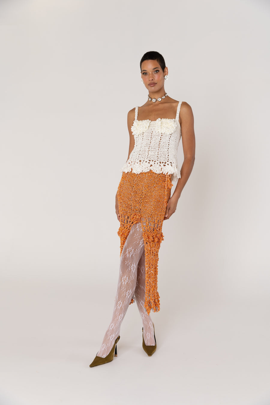 andreeva womens orange maxi crochet skirt