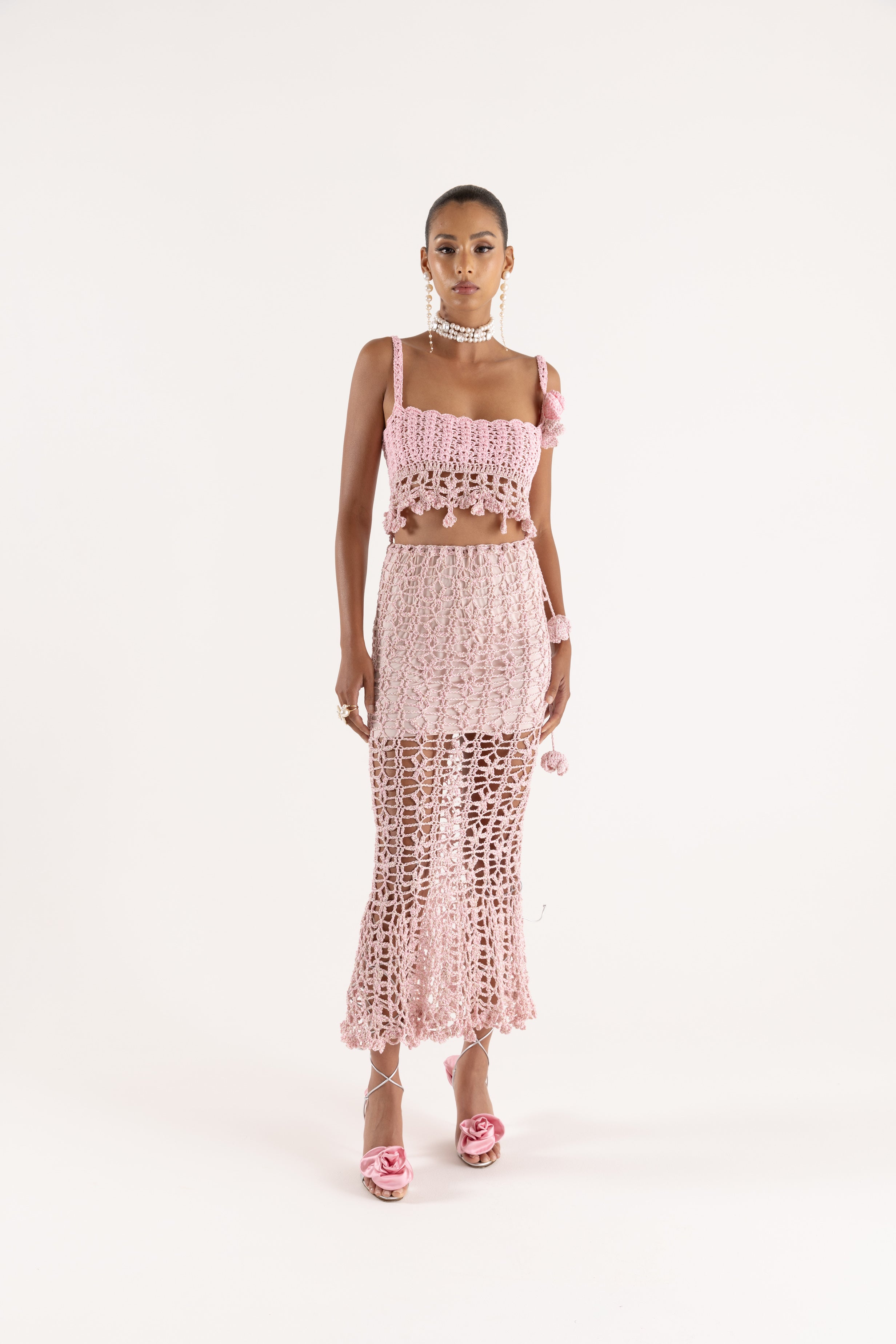 andreeva pink handmade crochet midi skirt