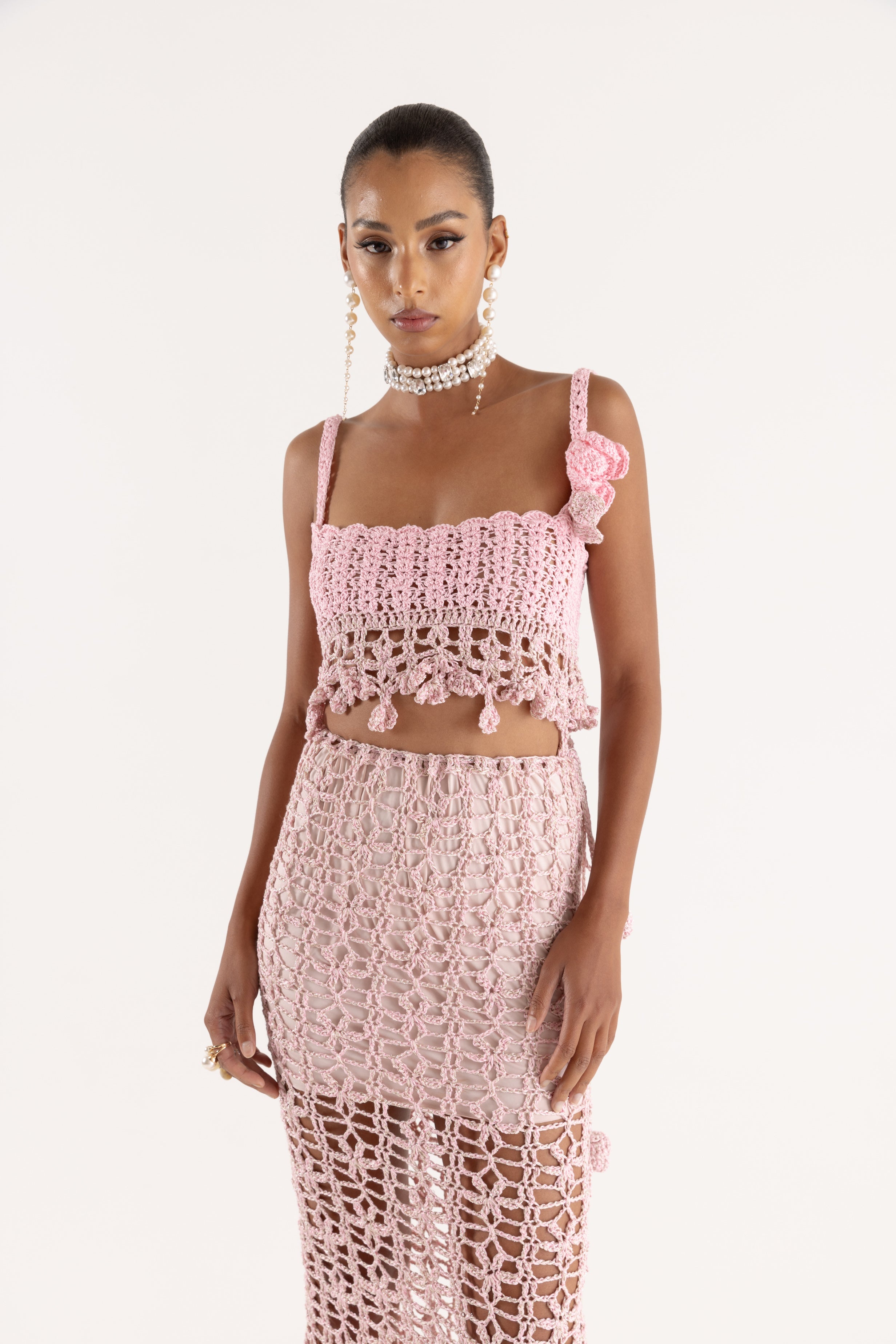 Crochet frill knit tops andmary pink 新品♡ ANDREEVA | Pink Vanilla Handmade Crochet Top