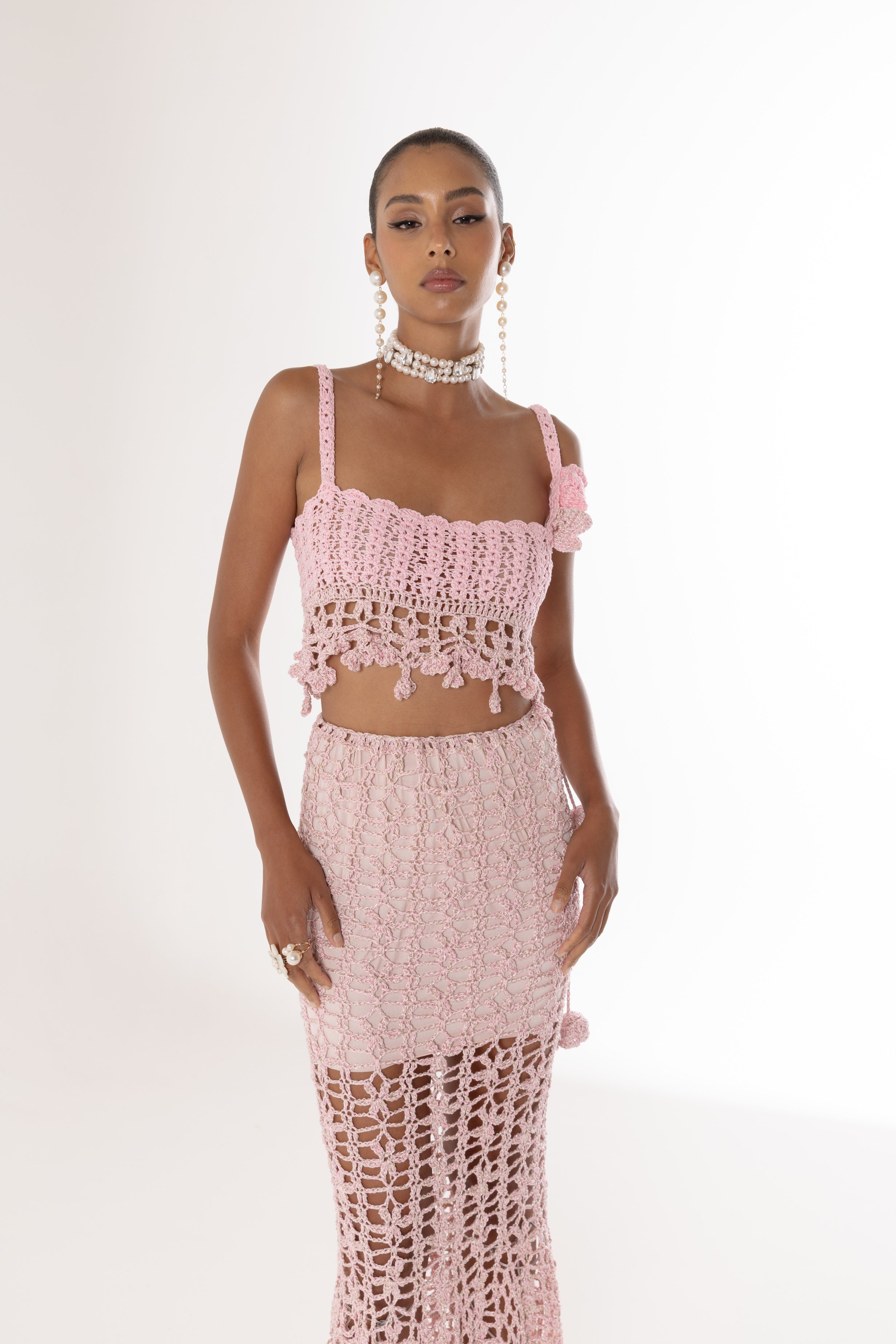 Crochet frill knit tops andmary pink 新品♡ andmary Crochet frill knit tops Pink - メルカリ
