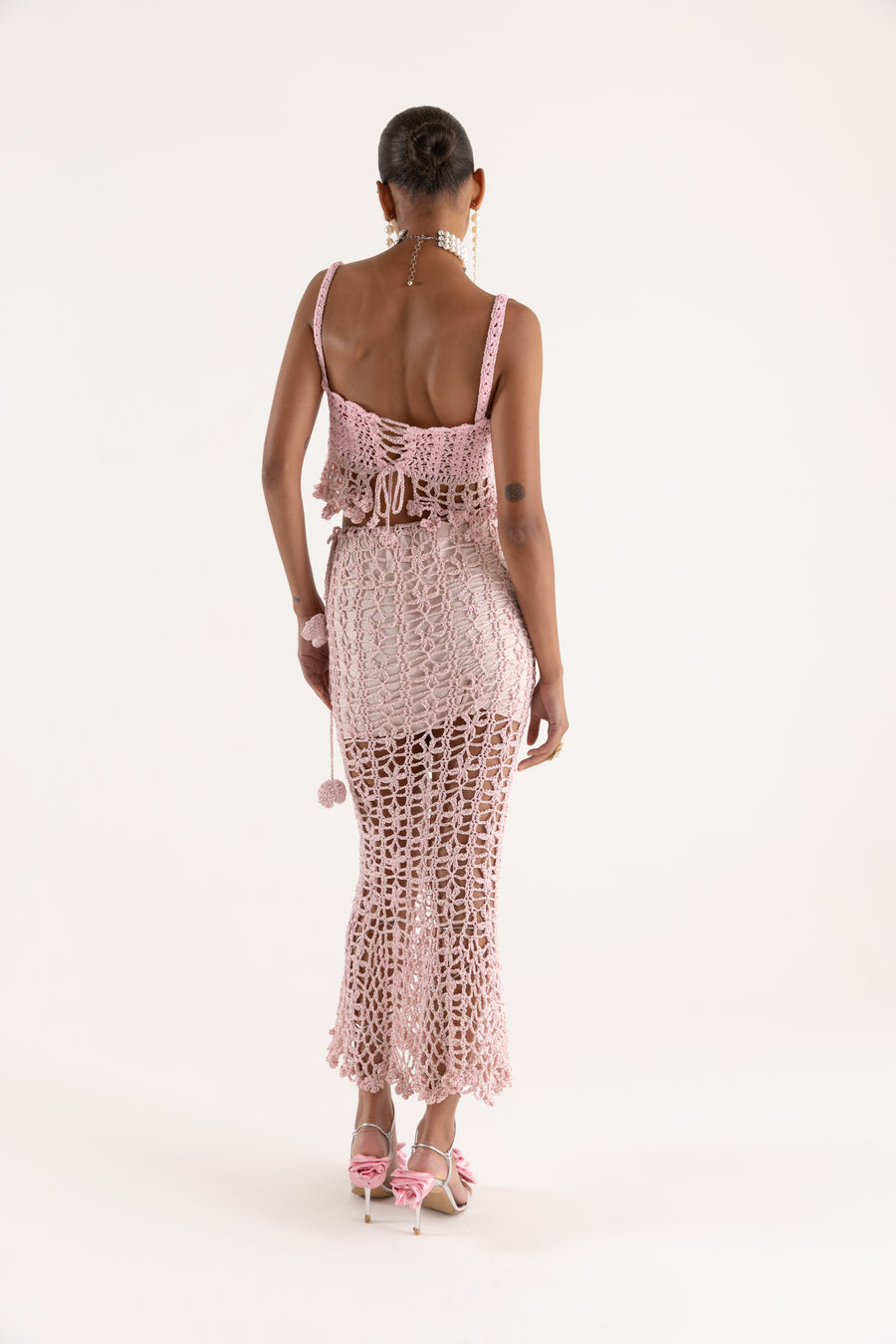 andreeva pink handmade crochet midi skirt