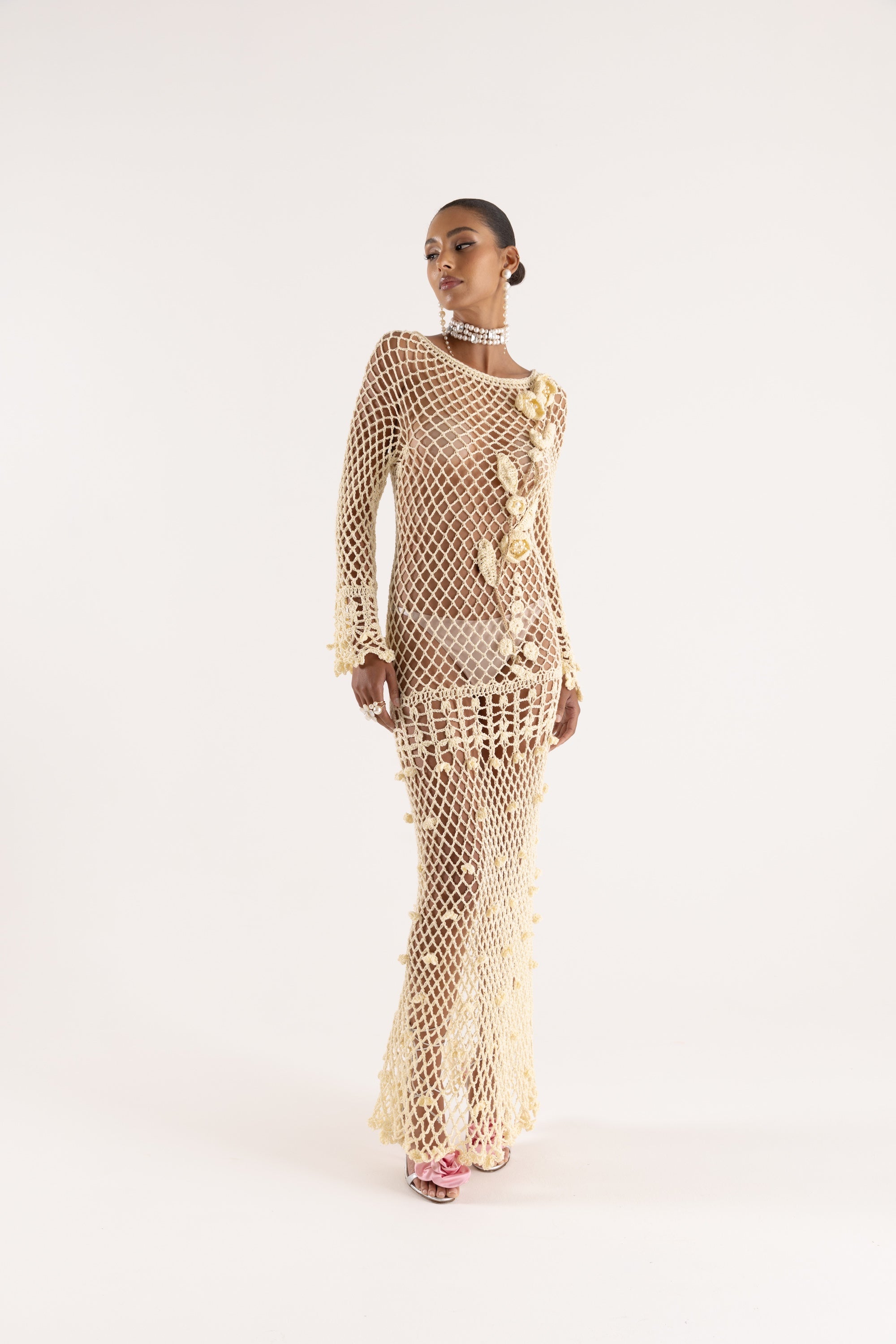 andreeva yellow maxi crochet dress