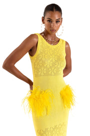 andreeva womens yellow knit dress with feathers