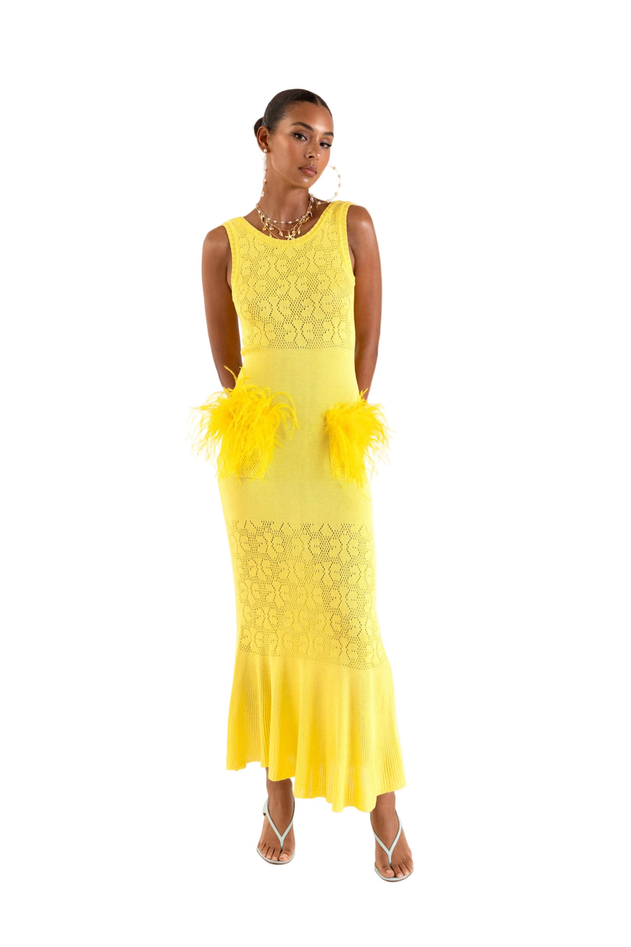 andreeva womens yellow knit dress with feathers