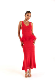 andreeva womens red knit dress with feathers