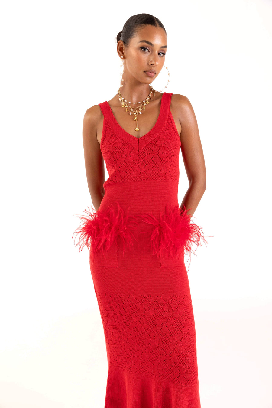 andreeva womens red knit dress with feathers