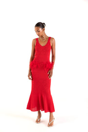 andreeva womens red knit dress with feathers