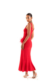 andreeva red knit dress with feathers