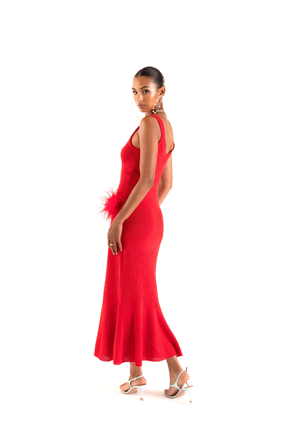 andreeva red knit dress with feathers
