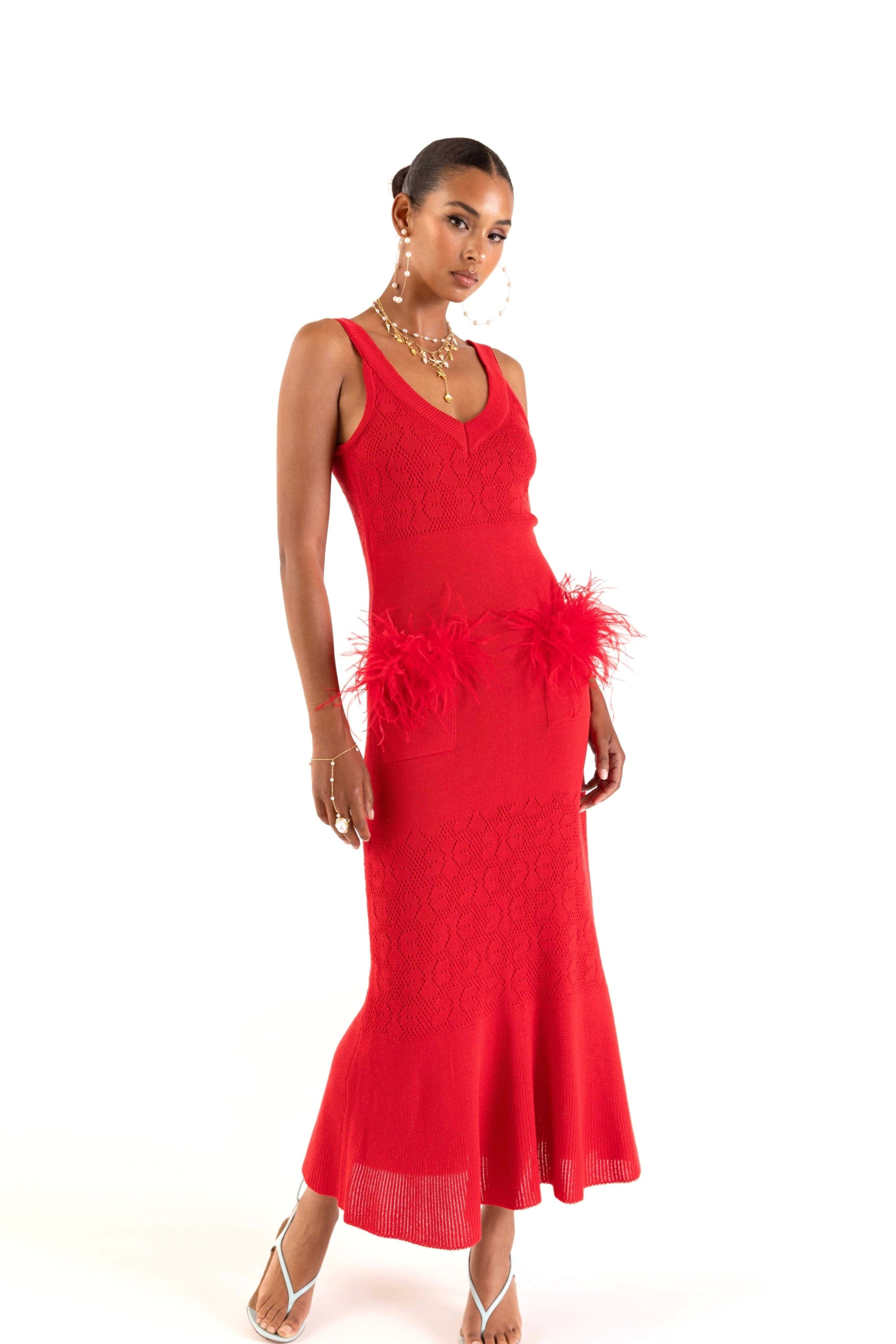 andreeva womens red knit dress with feathers