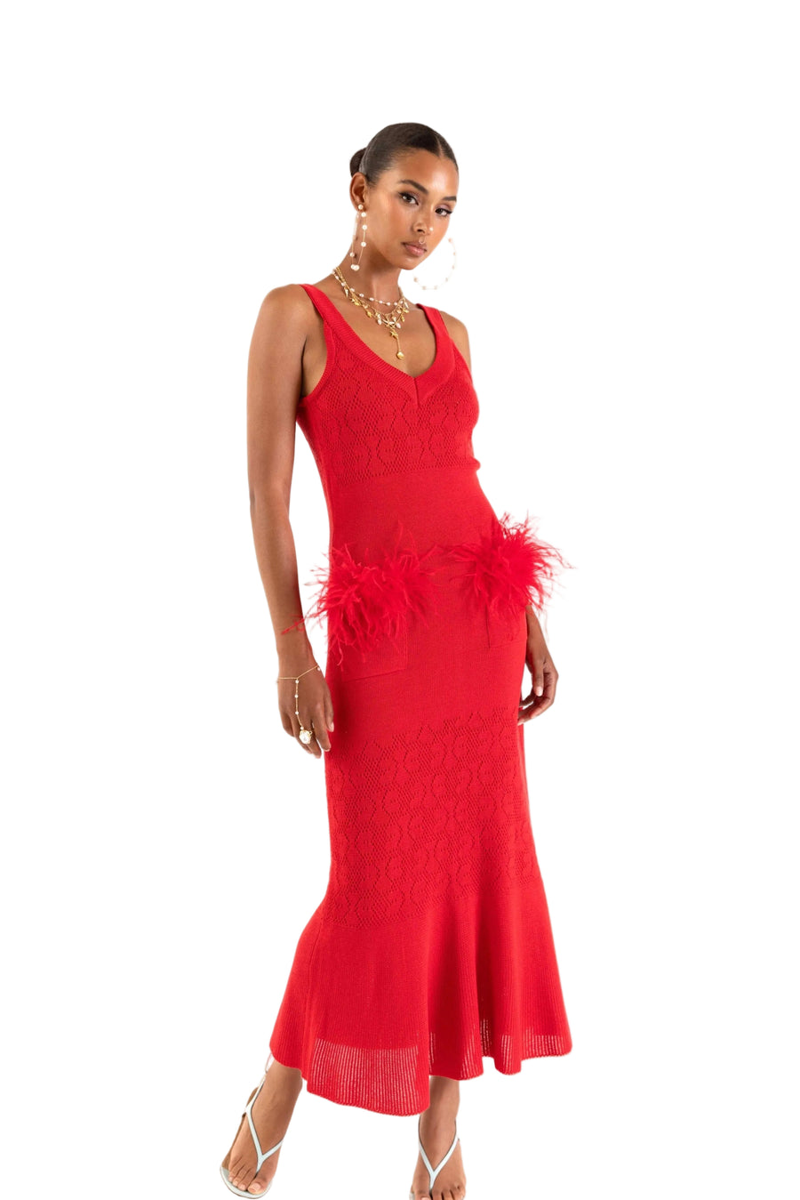 andreeva womens red knit dress with feathers