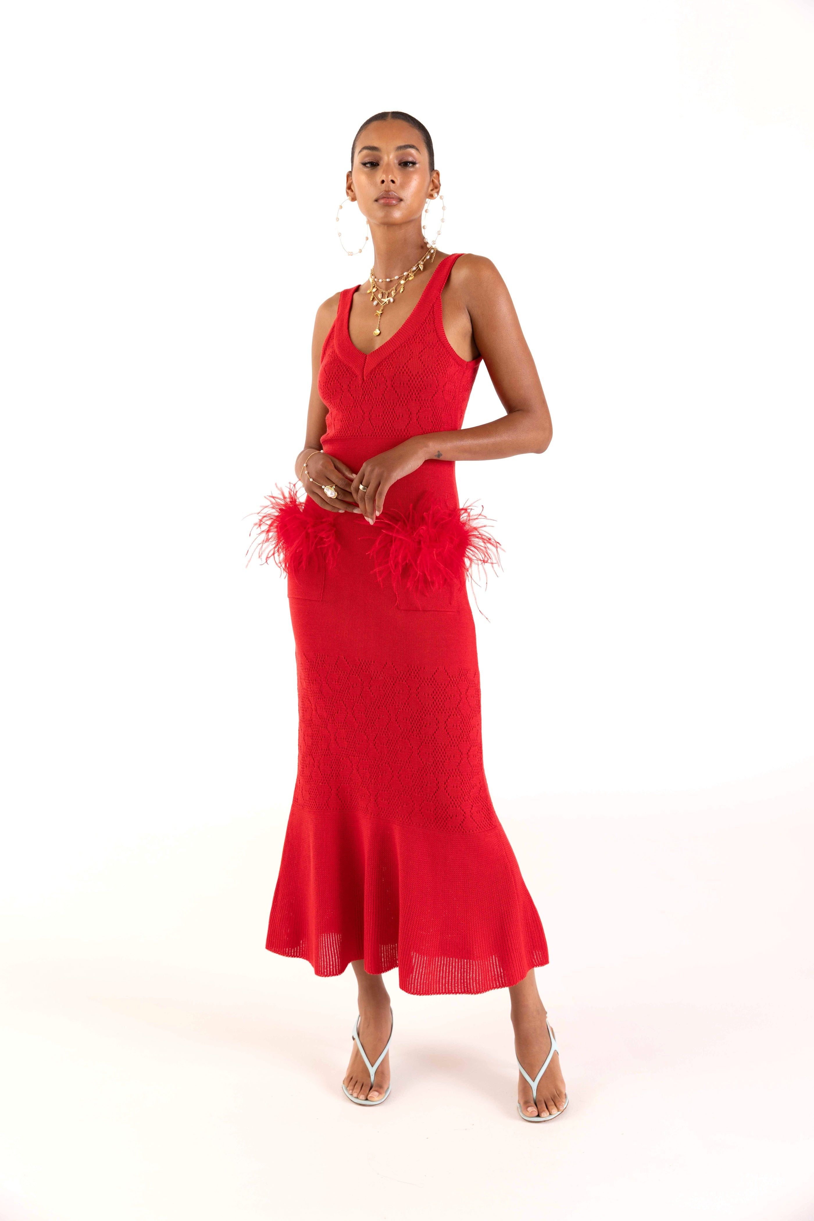 andreeva womens red knit dress with feathers