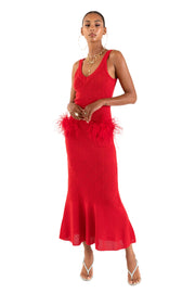 andreeva womens red knit dress with feathers