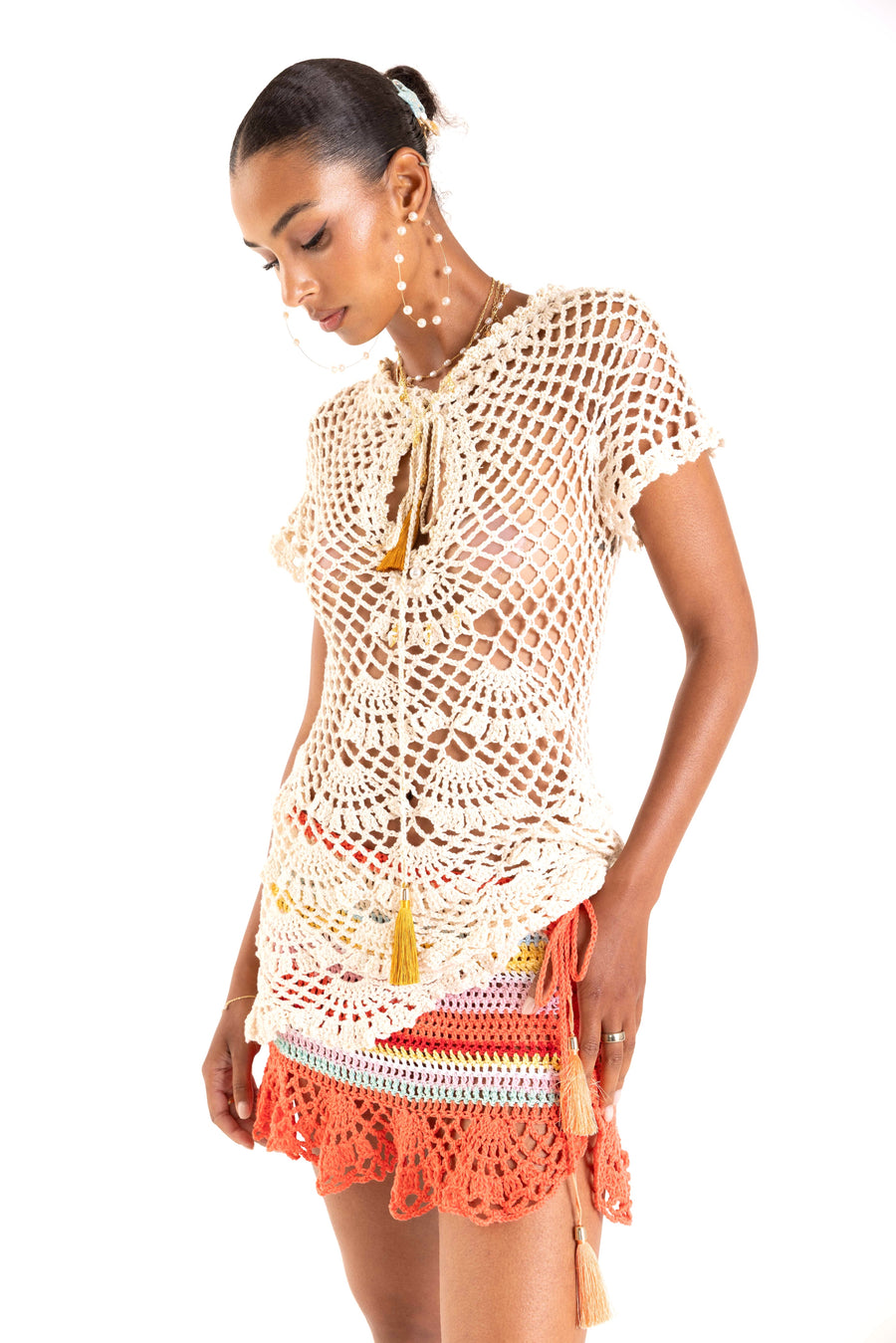 andreeva womens beige crochet top