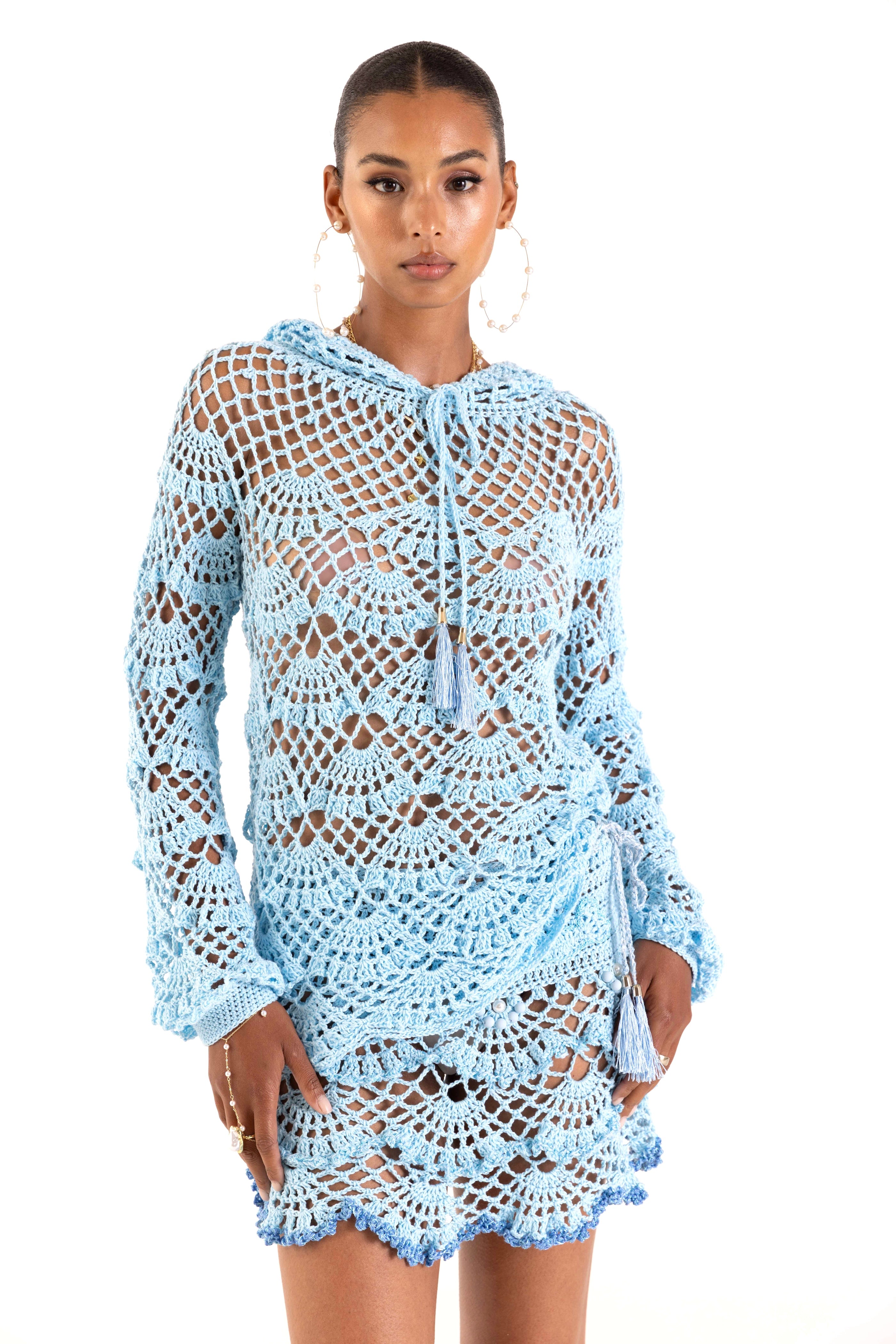 andreeva womens blue crochet hoodie