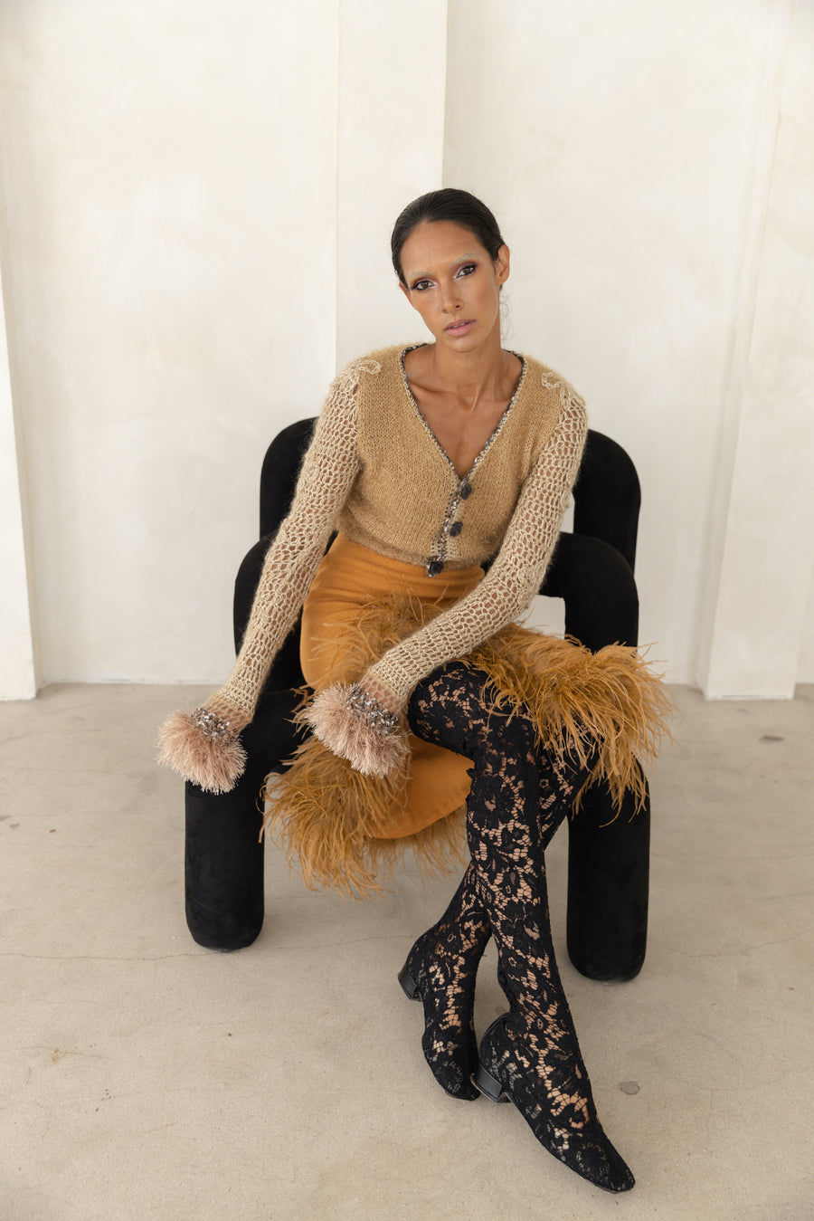 andreeva brown knit skirt with feathers
