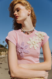 Malva Pink Knit Top With Handmade Embroidery