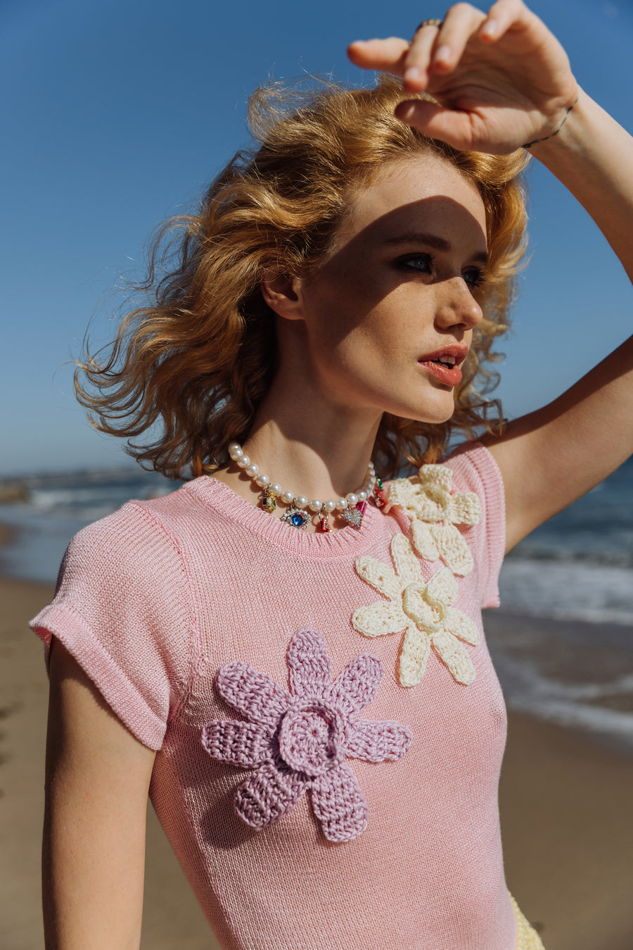 Malva Pink Knit Top With Handmade Embroidery