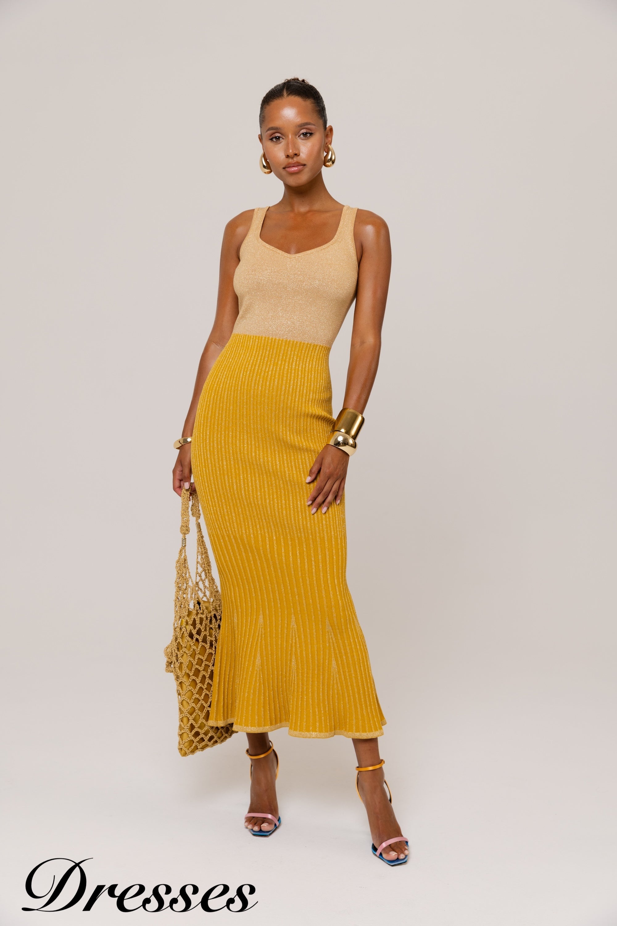 andreeva gold metallic knit midi dress