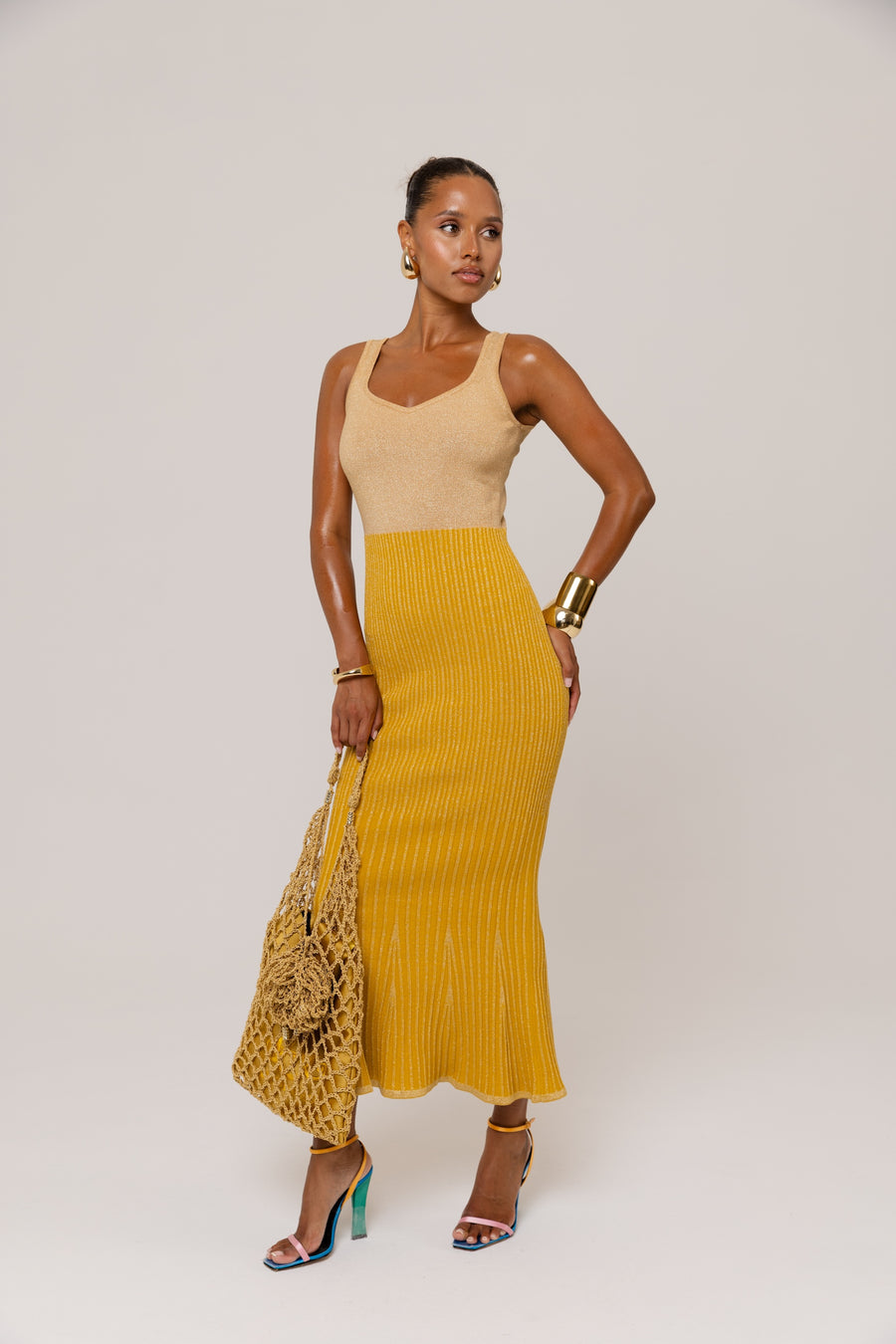 andreeva womens gold knit dress
