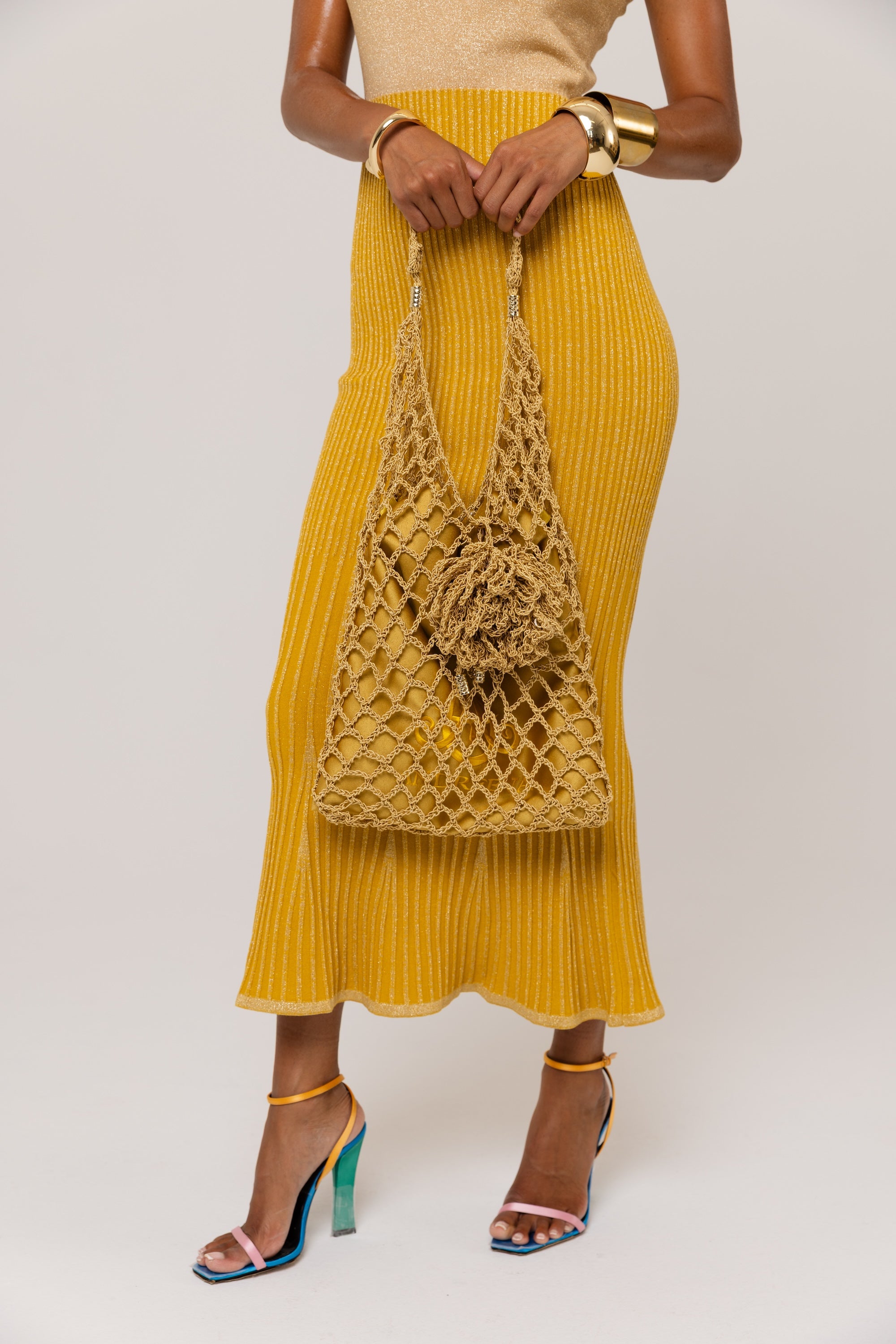 andreeva gold crochet tote bag