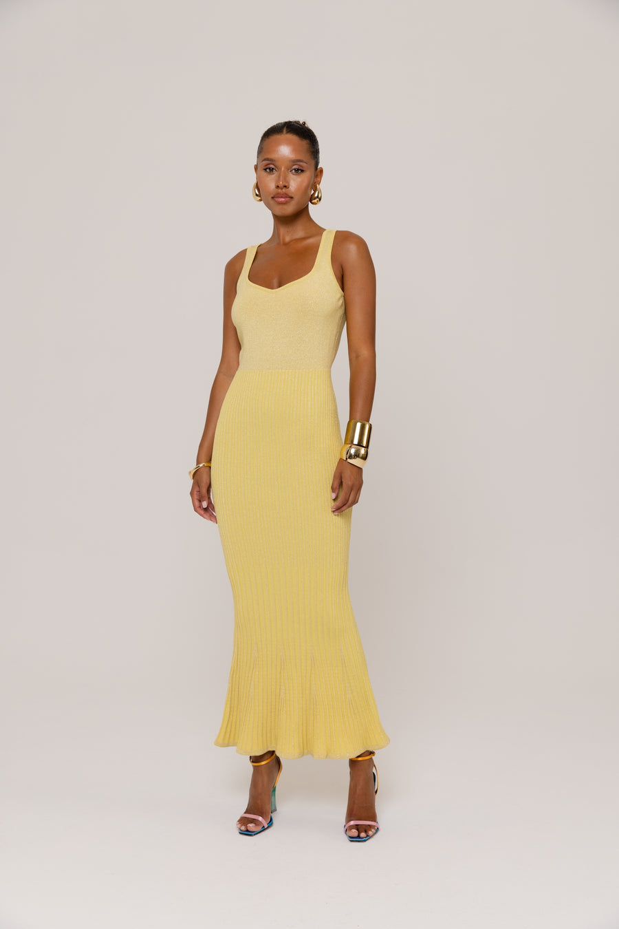 andreeva womens yellow knit midi dress