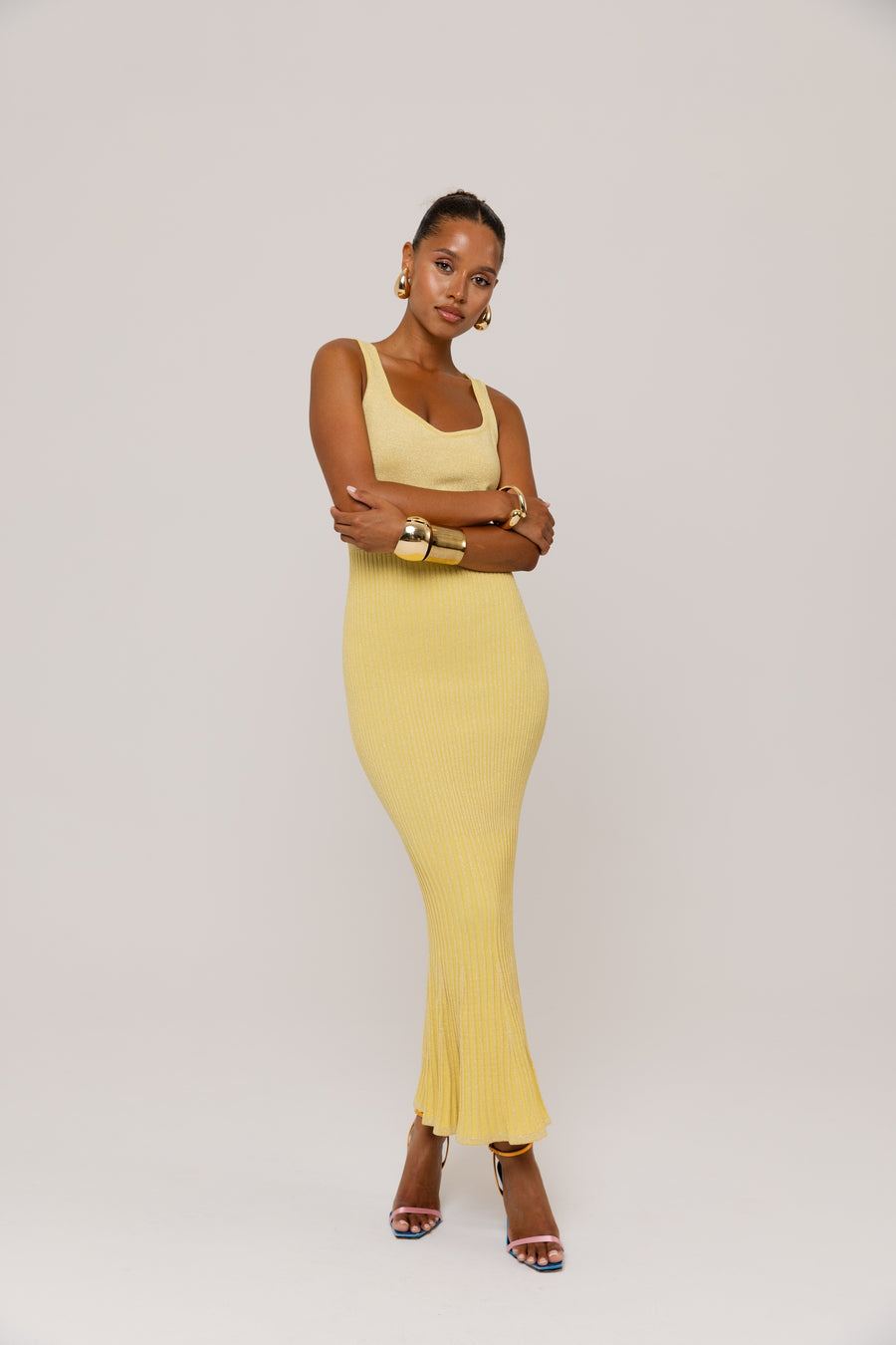 andreeva womens yellow knit midi dress