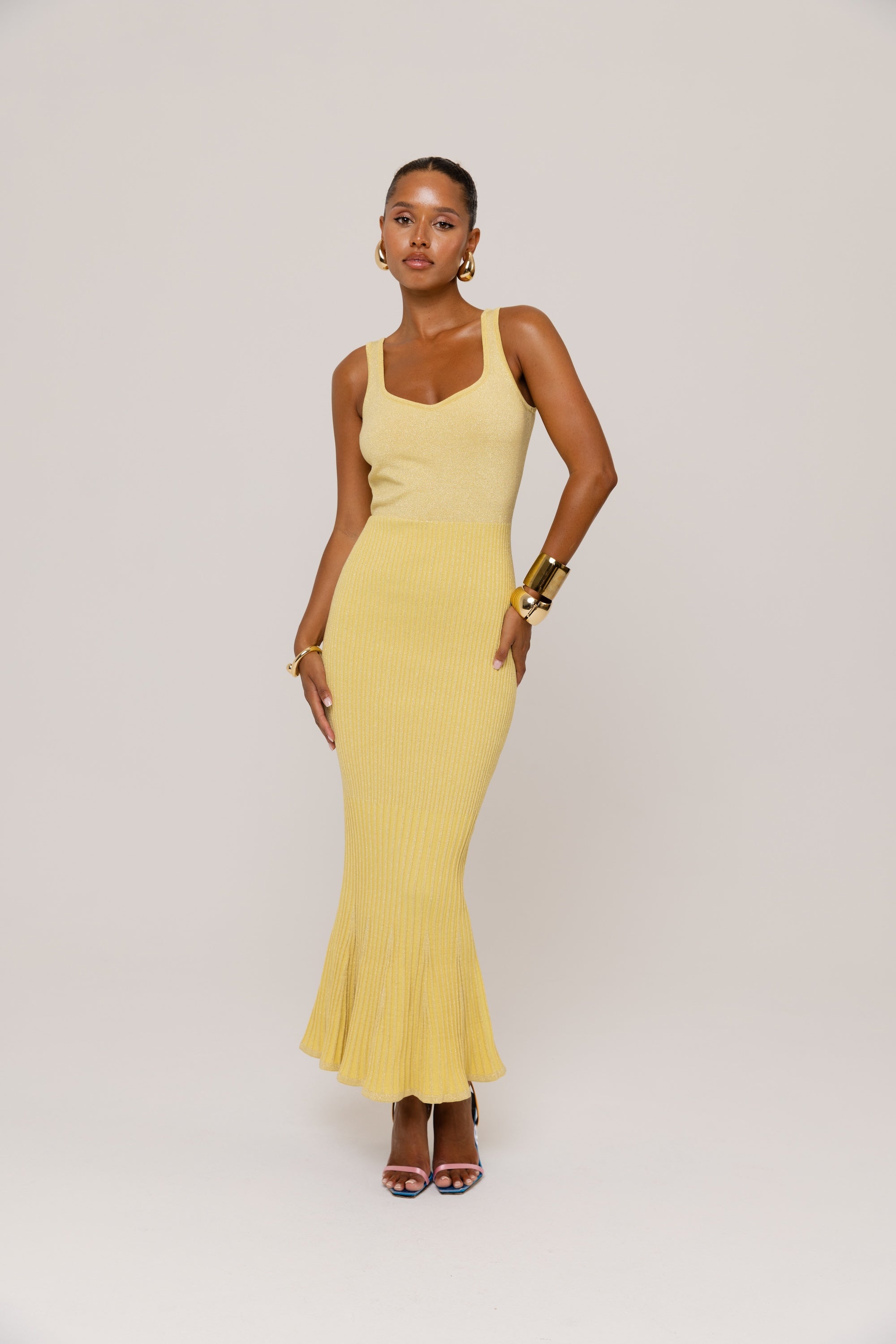 andreeva womens yellow knit midi dress