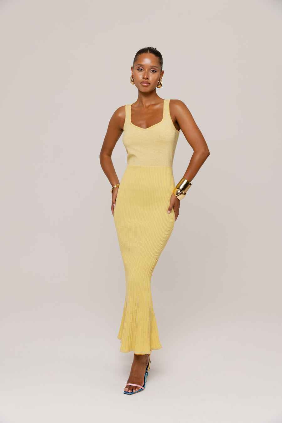 andreeva womens yellow knit midi dress
