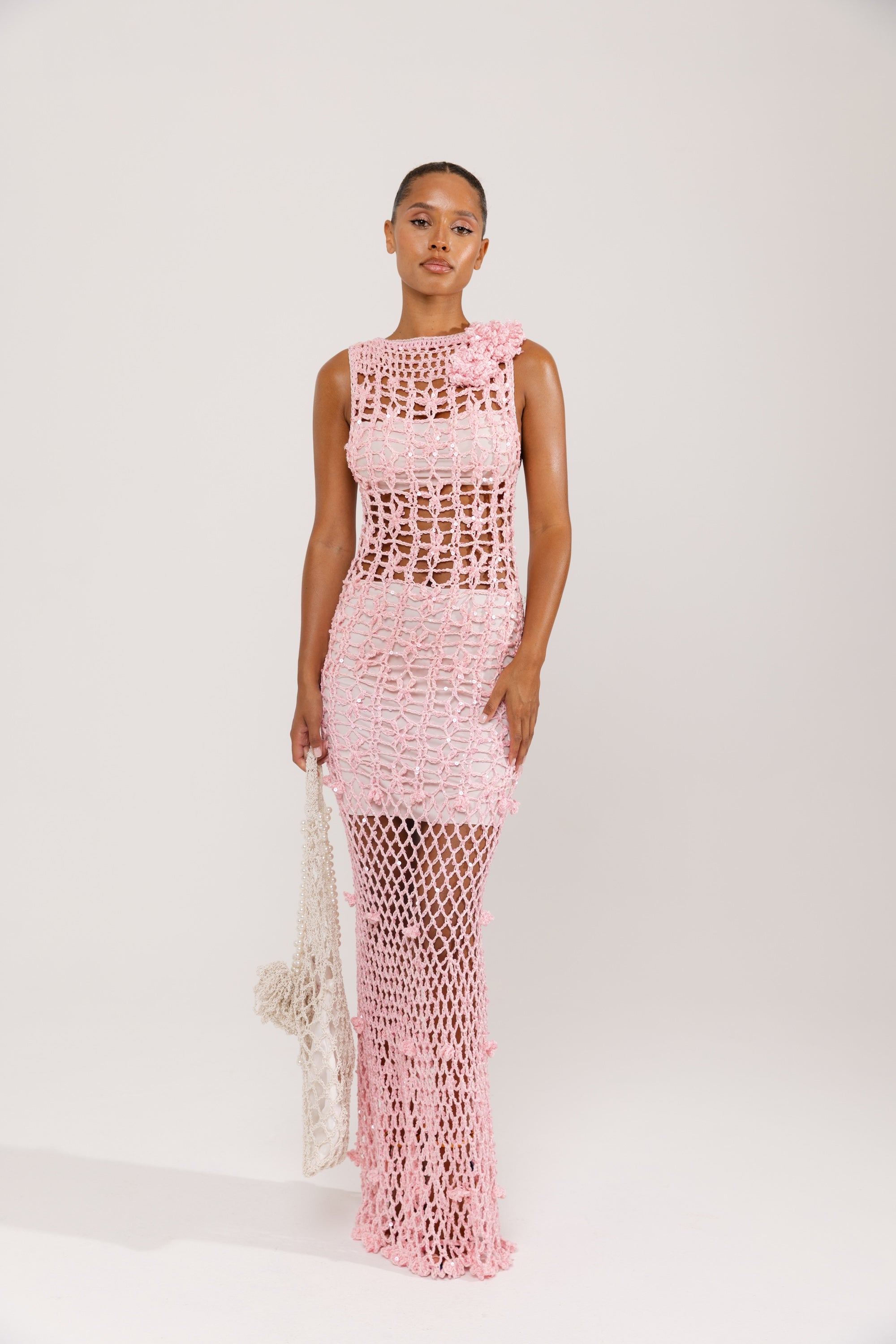 womens women's pink crochet dress